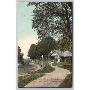 Postcard Main St‎ Public Library Soldiers Monument Huntington Long Island NY